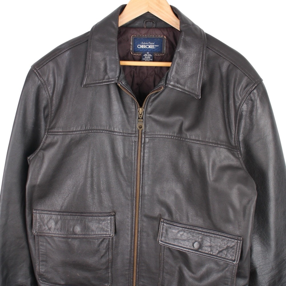 Vintage Cherokee Genuine Leather Bomber Jacket Brown Quilted Lined Mens Medium - Picture 2 of 4